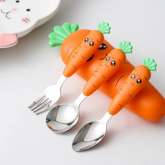 New Trending Children's Carrot Tableware Suit 304 Stainless Steel Tableware Baby Solid Food Spoon Fork Tableware