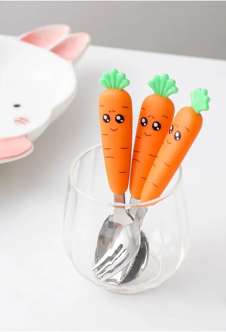 New Trending Children's Carrot Tableware Suit 304 Stainless Steel Tableware Baby Solid Food Spoon Fork Tableware