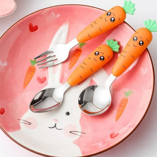 New Trending Children's Carrot Tableware Suit 304 Stainless Steel Tableware Baby Solid Food Spoon Fork Tableware