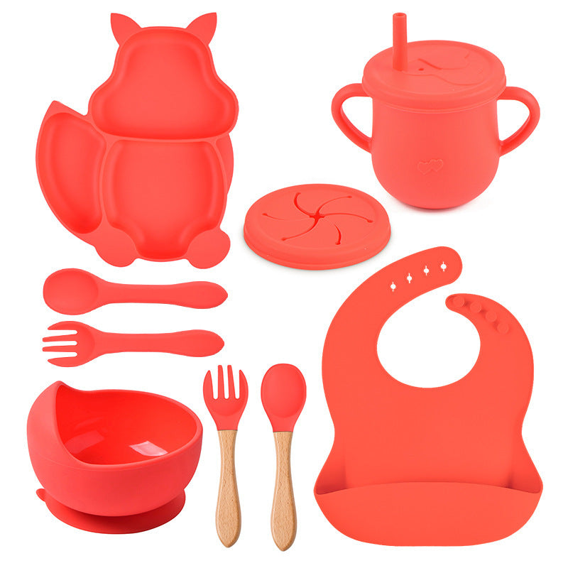 8 PCs Babies' Tableware Set Squirrel Dinner Plate Cup With Straw Silicone Bowl Bib Compartment Tray Spoon Fork Baby Bowl Wholesale